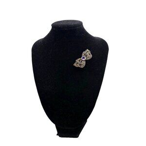 Vintage Sterling Marcasite Amethyst Brooch Deco Revival Filigree 925 Bow